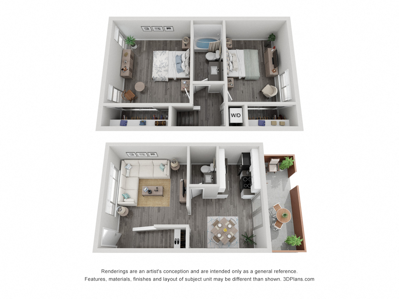 Floor plan for 2 beds, 1.5 baths, 1064 sqft